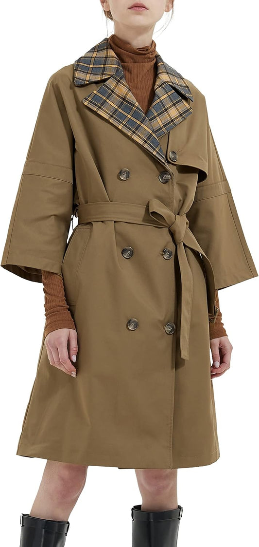 Aurlane Women's Double Breasted Trench Coat Classic Jacket Belted Lapel Coat