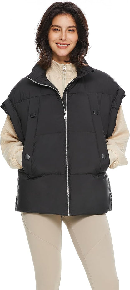 Aurlane Women's Puffer Down Vest Oversized Warm Sleeveless Jacket Fashion Quilted Outerwear Gilet with Stand Collar