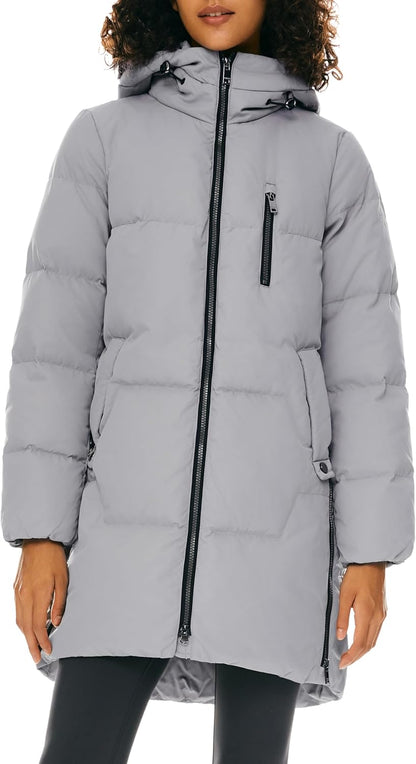 Aurlane Women's Stylish Down Hooded Jacket with Two-Way Zipper Winter Down Coat Puffer Jacket A-line Coat