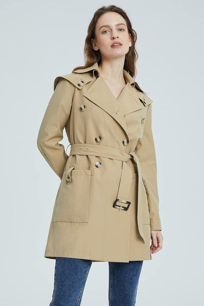 Aurlane Women's Double Breasted Trench Coat Notched Lapel Jacket with Belt