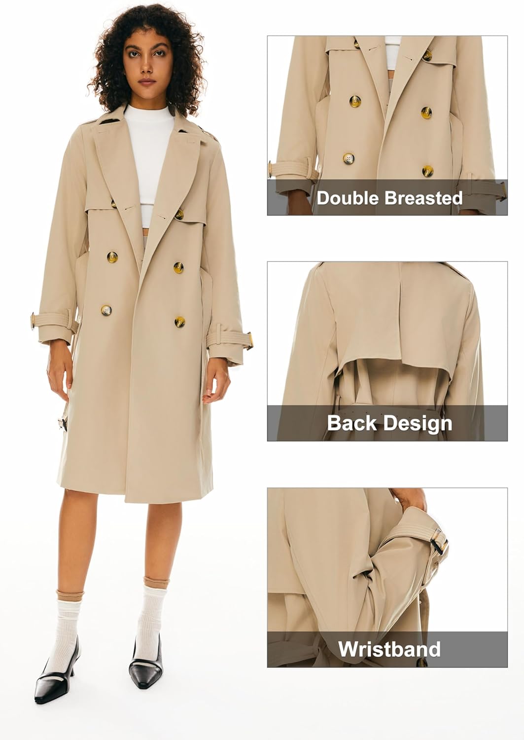 Aurlane Women's 3/4 Length Double Breasted Trench Coat Lapel Jacket with Belt