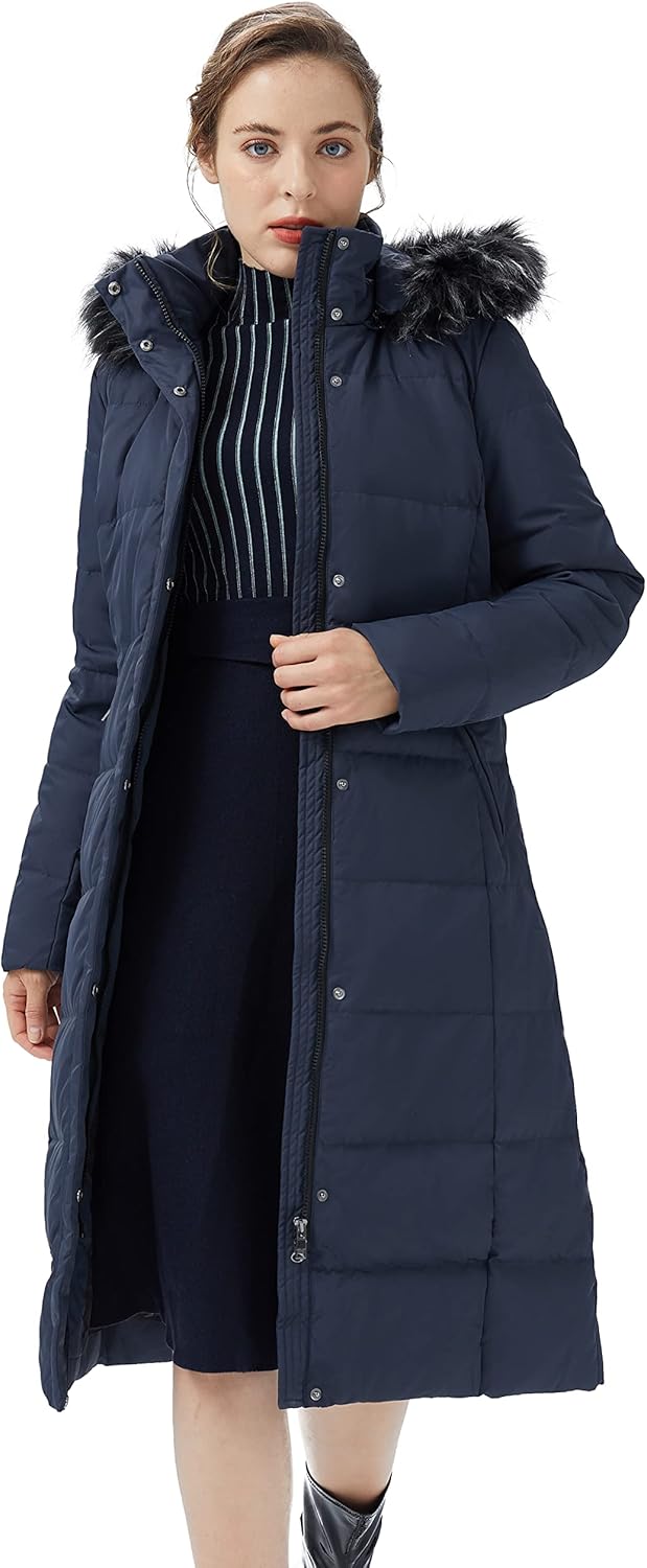 Aurlane Women's Quilted Down Jacket Winter Long Coat Hooded Stand Collar Parka