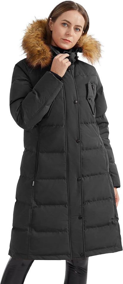 Aurlane Women's Down Jacket Winter Long Coat Windproof Puffer Jacket with Fur Hood