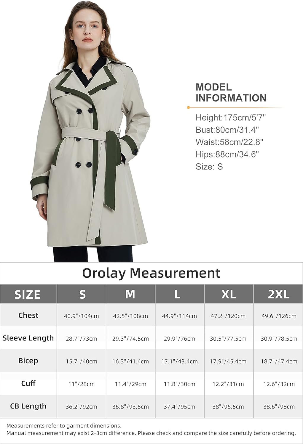 Aurlane Women's Classic Trench Coat Double Breasted Mid-Length Windproof Fashionable Jacket Lapel Overcoat with Belt