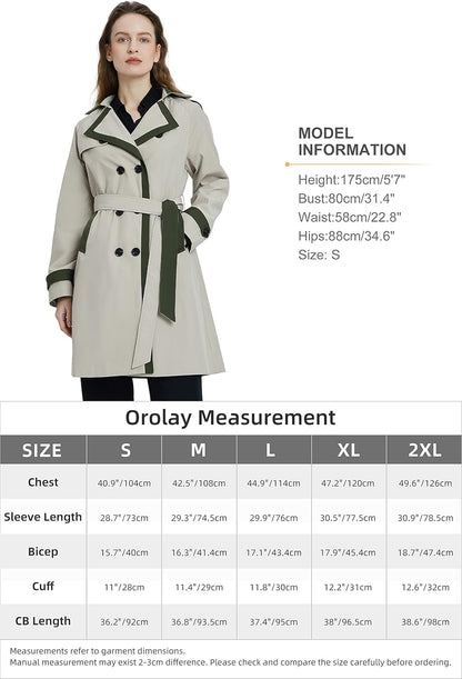 Aurlane Women's Classic Trench Coat Double Breasted Mid-Length Windproof Fashionable Jacket Lapel Overcoat with Belt