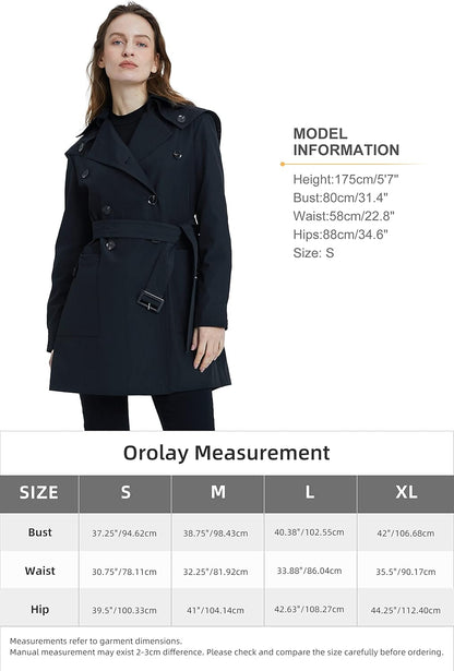 Aurlane Women's Double Breasted Trench Coat Notched Lapel Jacket with Belt