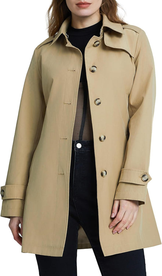 Aurlane Women's Belted Trench Coat Windproof Classic Overcoat Slim Outdoor Jackets with Wide Lapel