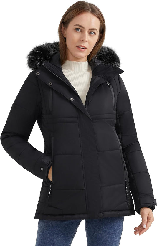 Aurlane Women's Winter Warm Jacket Hooded Mountain Parka with Faux Fur