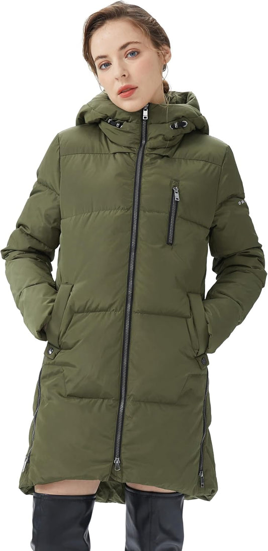 Aurlane Women's Stylish Down Hooded Jacket with Two-Way Zipper Winter Down Coat Puffer Jacket A-line Coat