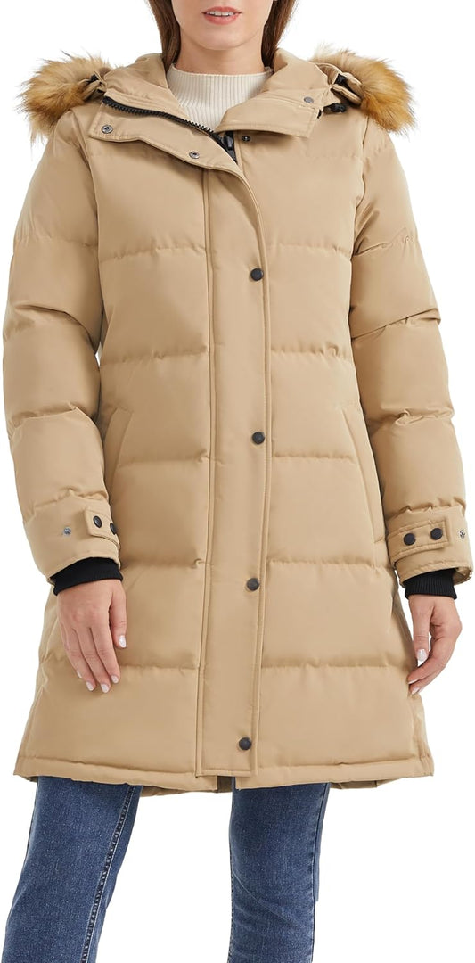 Aurlane Women's Thickened Down Coat Long Puffer Jacket with Adjustable Hood Quilted Warm Winter Parka