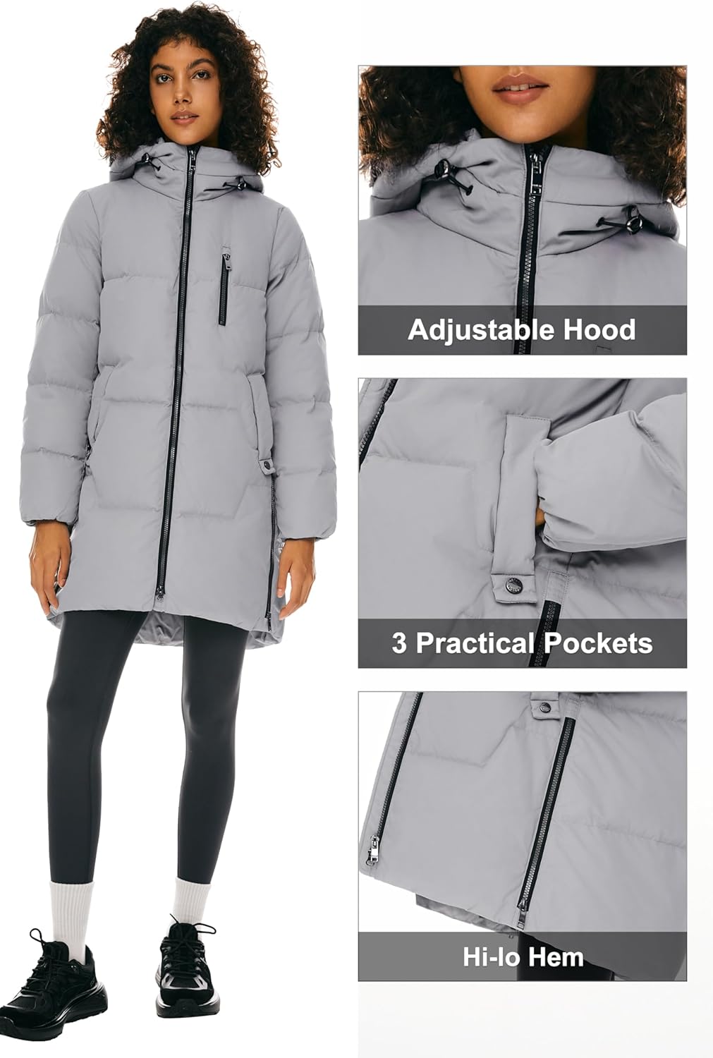 Aurlane Women's Stylish Down Hooded Jacket with Two-Way Zipper Winter Down Coat Puffer Jacket A-line Coat