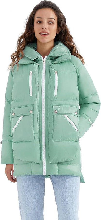 Aurlane Women's Thickened Winter Down Coat Windproof Hooded Puffer Jacket with 6 Pockets