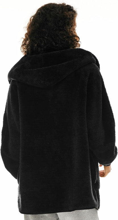 Aurlane Women's Hooded Fuzzy Fleece Jacket Long Sleeve Winter Open Front Cardigan Oversized Coat with Pockets