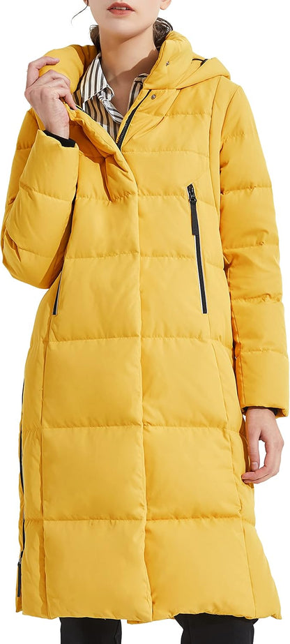 Aurlane Women's Thickened Long Down Jacket Winter Down Coat Hooded Puffer Jacket with Side Zipper