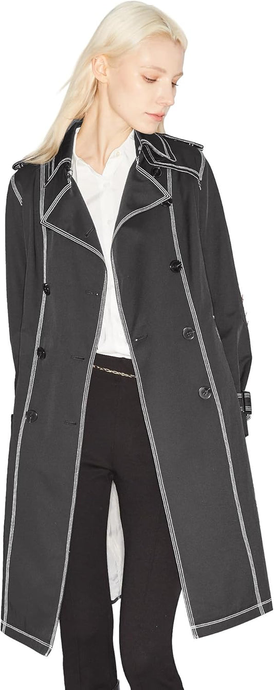 Aurlane Women's Mid-Length Trench Coat Double-Breasted Classic Lapel Windbreaker Water-Resistant Belted Overcoat