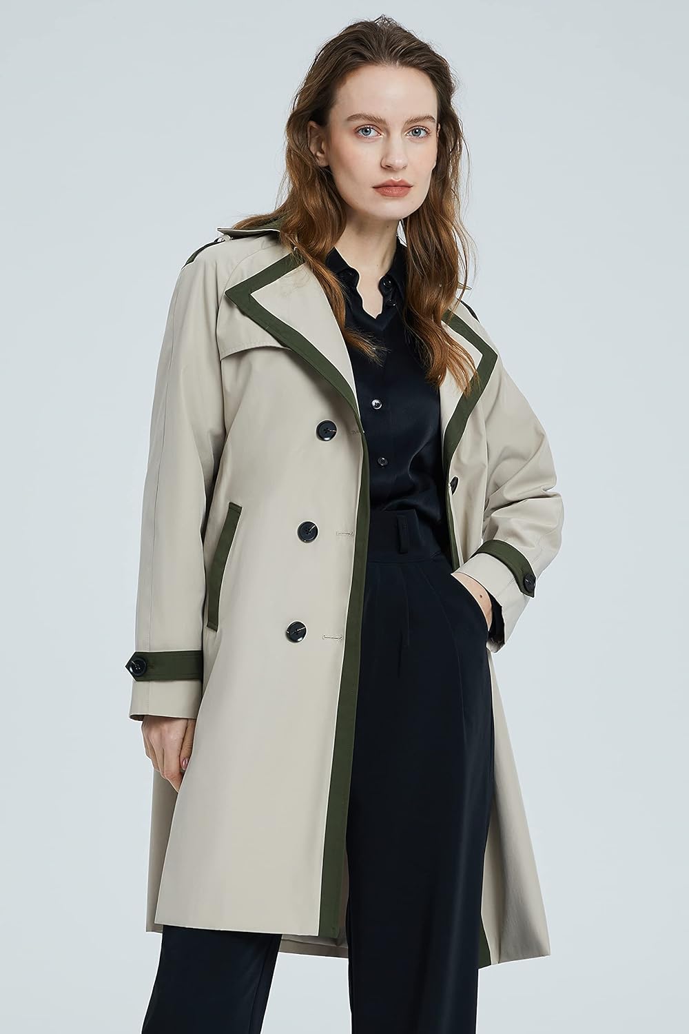 Aurlane Women's Classic Trench Coat Double Breasted Mid-Length Windproof Fashionable Jacket Lapel Overcoat with Belt