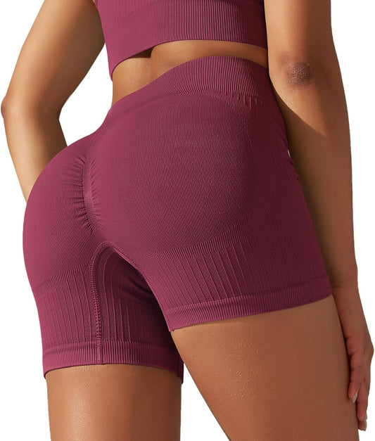 Aurlane Women's Ribbed Yoga Shorts High Waisted Seamless Workout Gym Athletic Biker Shorts