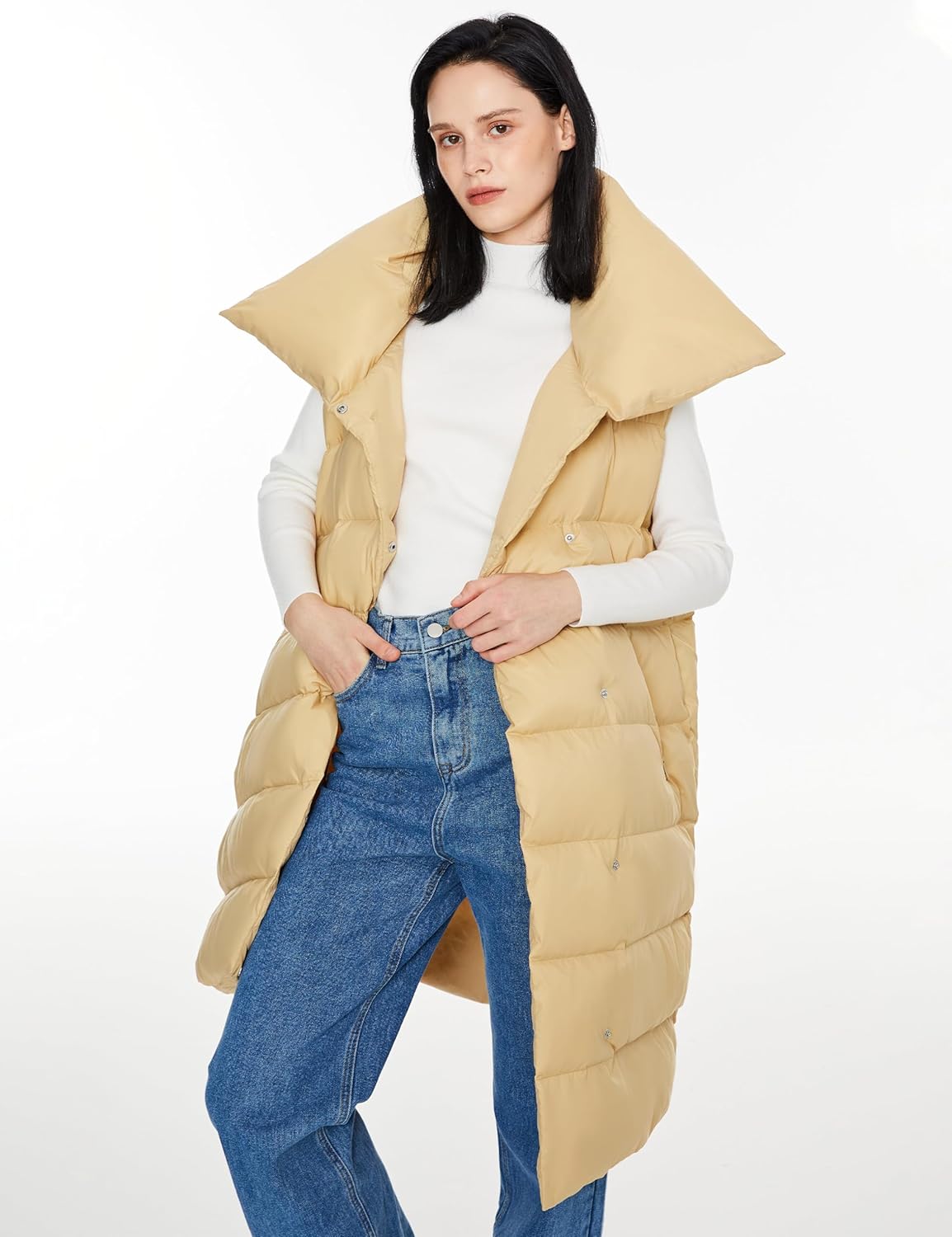 Aurlane Women's Winter Down Vest - Oversized Collar Sleeveless Puffer Jacket Irregular Hem Gilet with Pockets