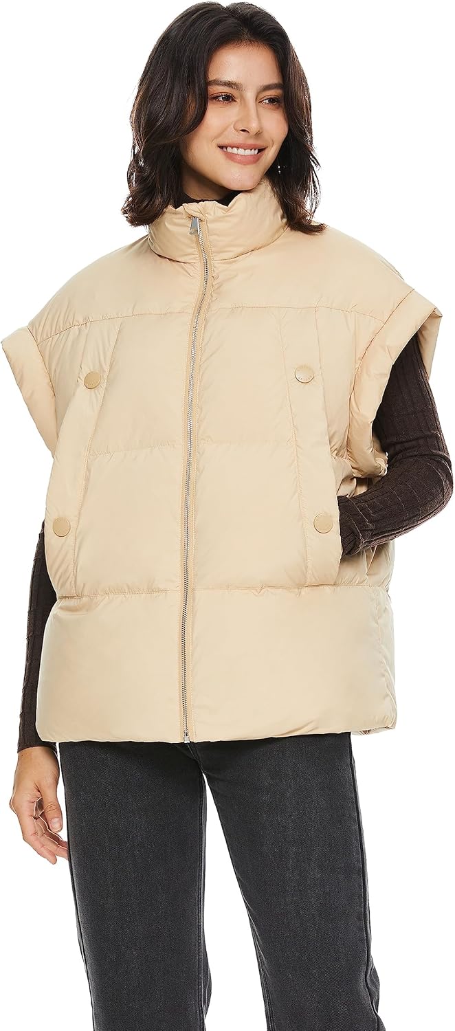 Aurlane Women's Puffer Down Vest Oversized Warm Sleeveless Jacket Fashion Quilted Outerwear Gilet with Stand Collar