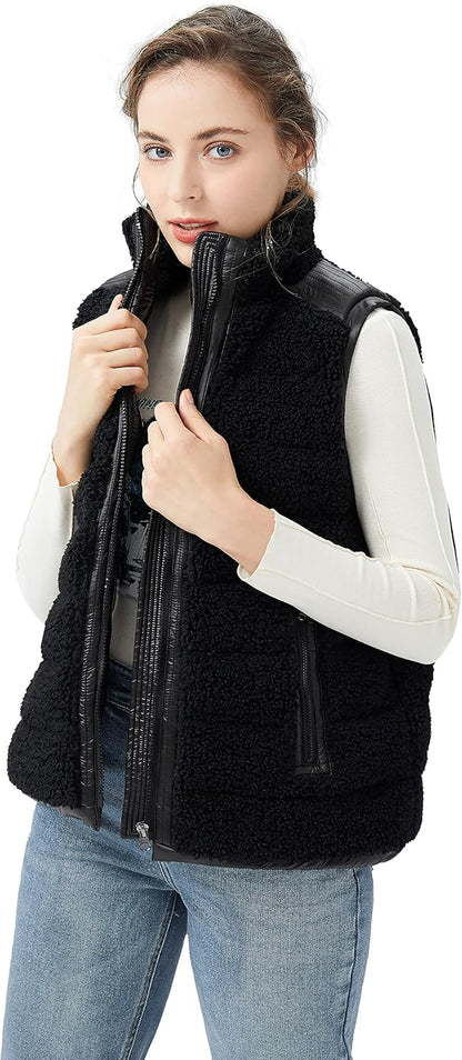 Aurlane Women's Casual Fleece Down Vest Warm Outwear Shearling Shaggy Short Vest with Hood