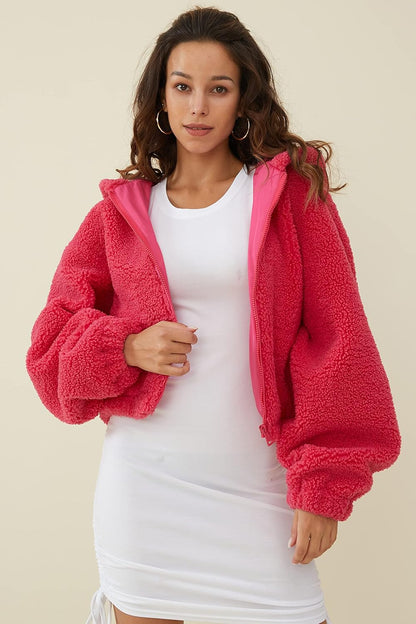 Aurlane Women's Fuzzy Fleece Cropped Jacket Fluffy Sherpa Coat Winter Teddy Hoodie with Long Sleeves