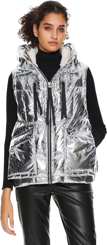 Aurlane Women's Metallic Down Vest - Fashion Cropped Sleeveless Puffer Jacket Lightweight Shiny Hooded Gilet with Pockets