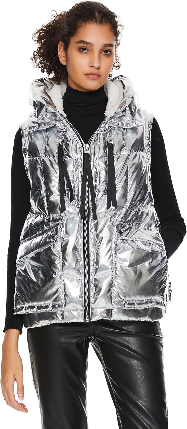 Aurlane Women's Metallic Down Vest - Fashion Cropped Sleeveless Puffer Jacket Lightweight Shiny Hooded Gilet with Pockets