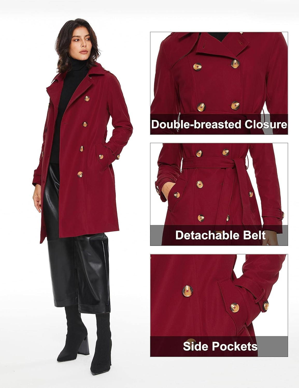 Aurlane Women's Mid-length Trench Coat Double Breasted Dress Jacket Classic Lapel Slim Overcoat with Belt