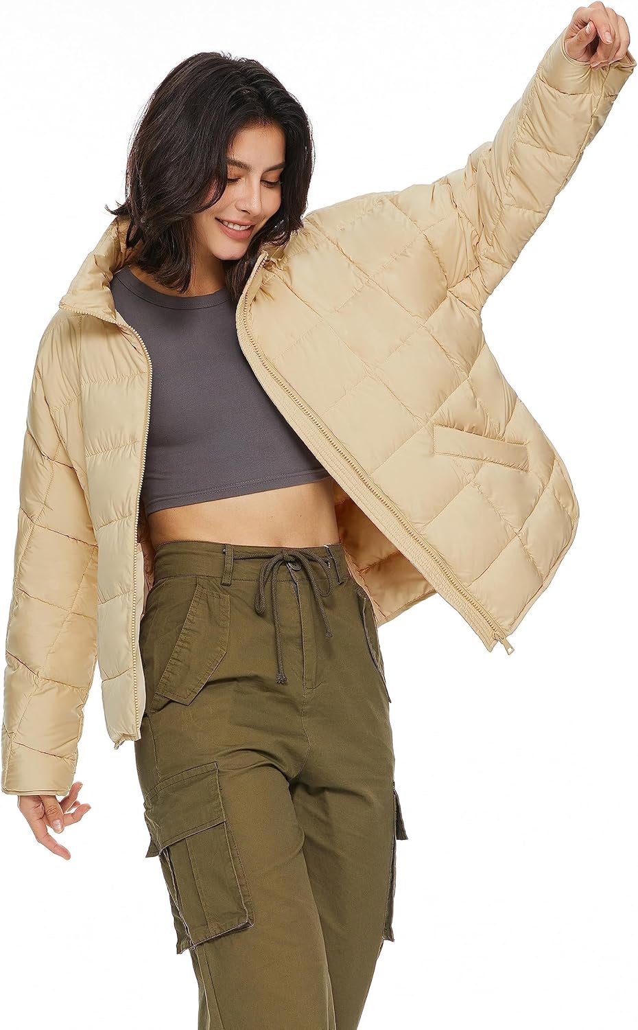 Aurlane Women's Cropped Puffer Jacket Quilted Lightweight Oversized Down Coat Zip Up Spring Short Padded Outwear