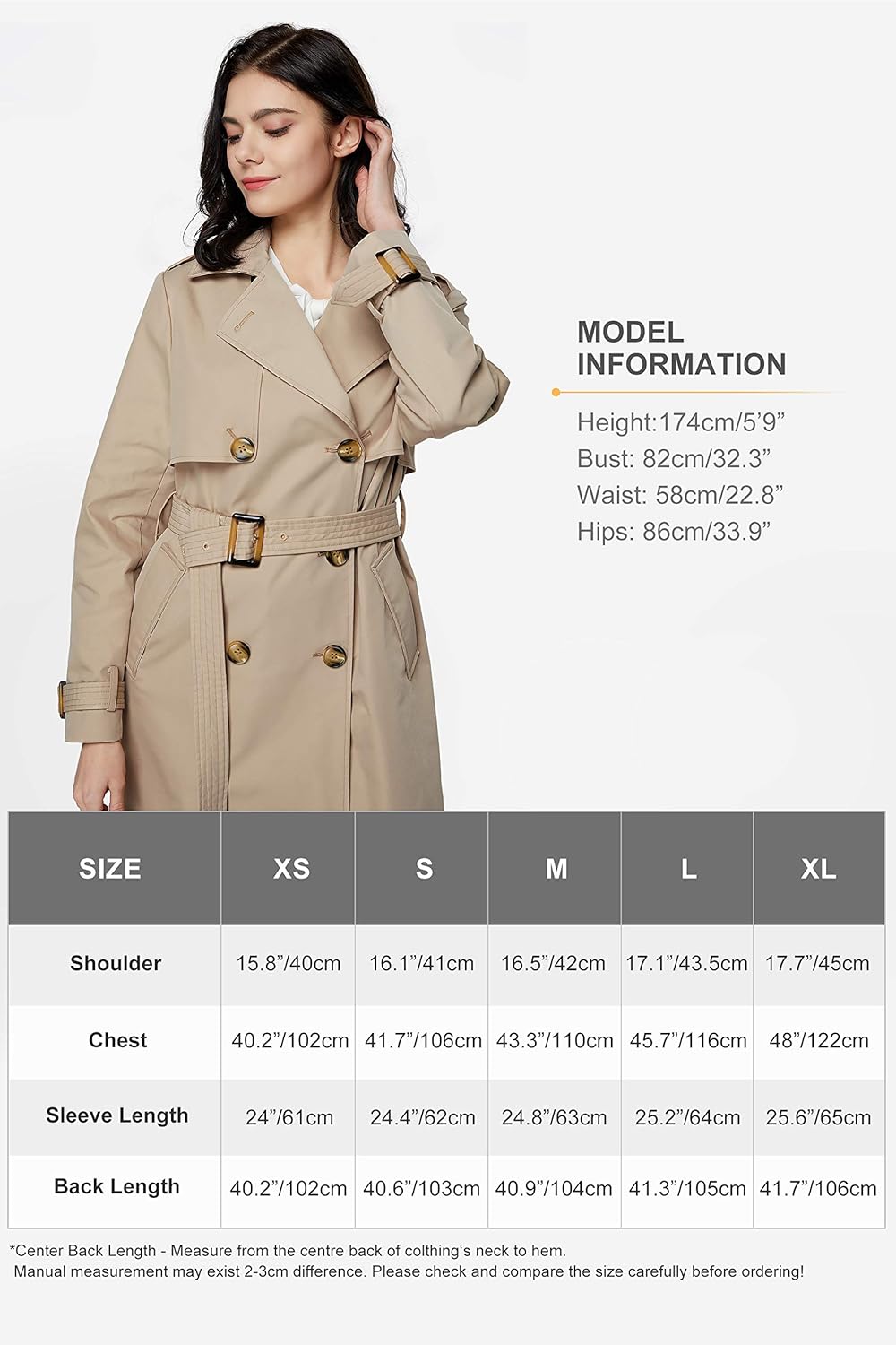 Aurlane Women's 3/4 Length Double Breasted Trench Coat Lapel Jacket with Belt