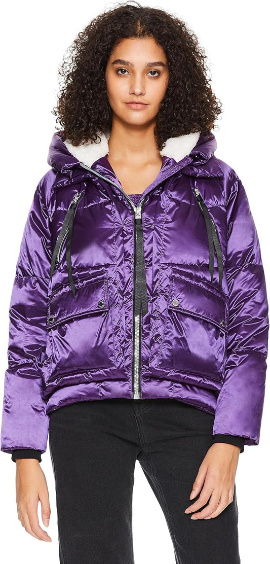 Aurlane Women's Metallic Down Jacket Short Cropped Puffer Jacket Full-zip Water-resistant Outerwear with Fleece-lined Hood