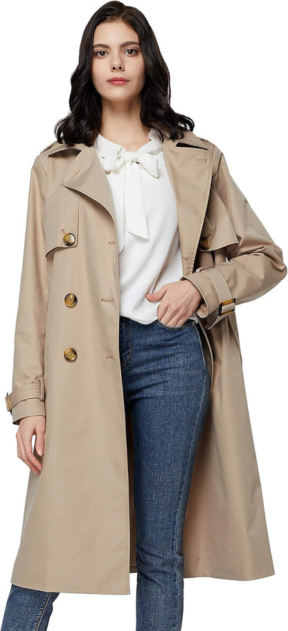 Aurlane Women's 3/4 Length Double Breasted Trench Coat Lapel Jacket with Belt