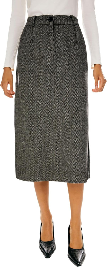 Aurlane Women's Elastic High Waisted Skirt Wool Blend Business Casual Straight Line Midi Skirts with Pockets