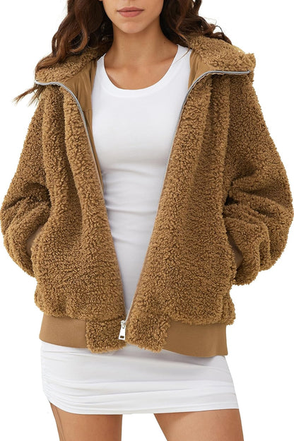 Aurlane Women's Sherpa Fleece Jacket Oversized Full-Zip Hoodie Outwear Coat