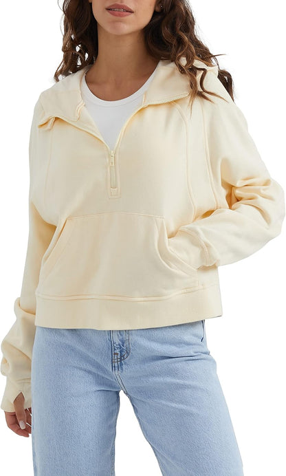 Aurlane Women's Cropped Sweatshirt Half-Zip Hoodie Long Sleeve Pullover Casual Loose Tops with Front Pocket