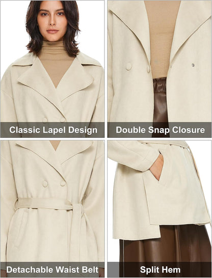 Aurlane Short Trench Coats for Women Faux Suede Leather Trench Coat Double Breasted Belted Mid Long Outwear