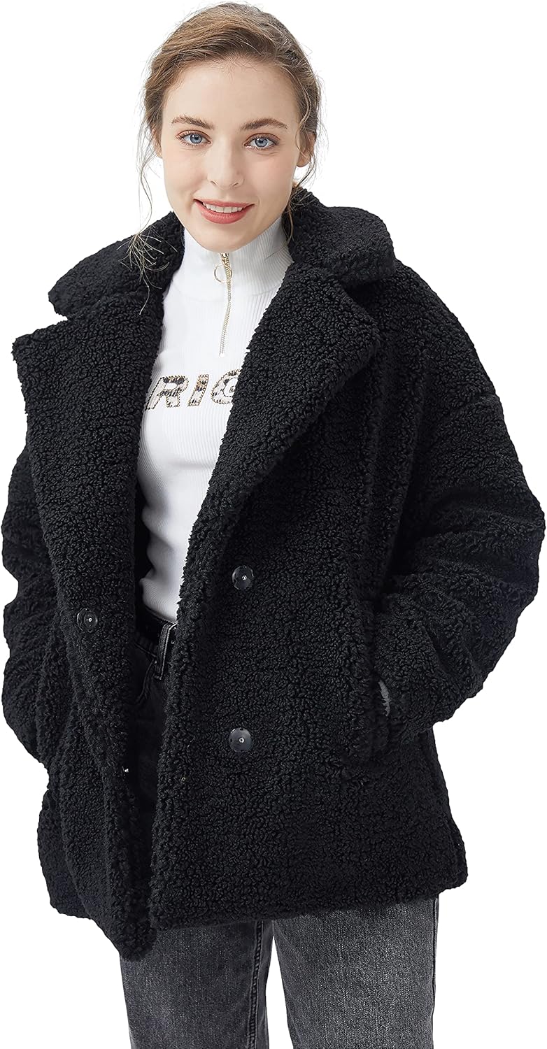 Aurlane Women's Fuzzy Fleece Lapel Down Coat Shaggy Faux Shearling Cardigan Winter Jacket with Pockets