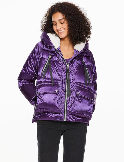 Aurlane Women's Metallic Down Jacket Short Cropped Puffer Jacket Full-zip Water-resistant Outerwear with Fleece-lined Hood