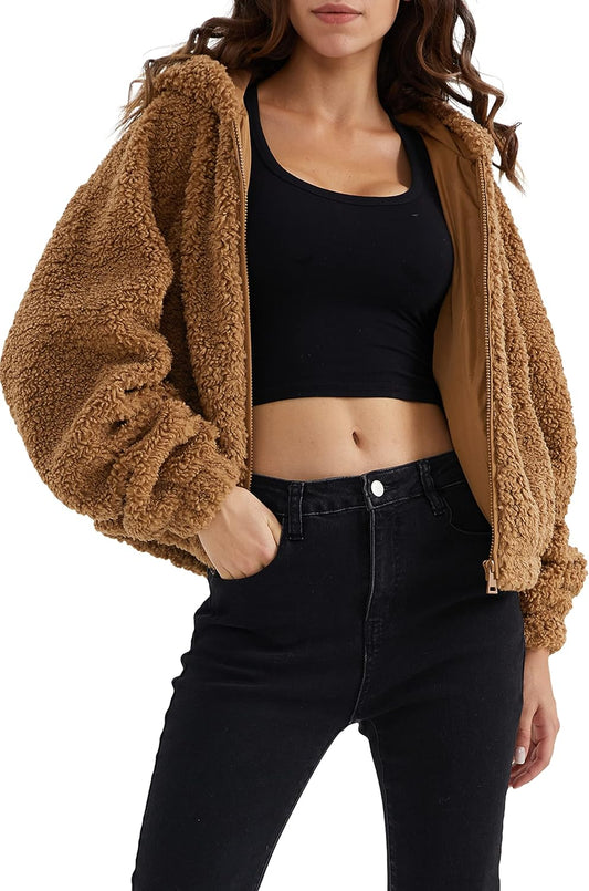 Aurlane Women's Fuzzy Fleece Cropped Jacket Fluffy Sherpa Coat Winter Teddy Hoodie with Long Sleeves