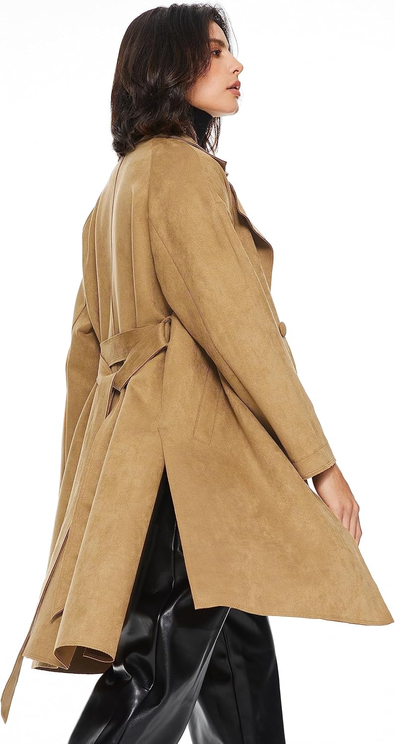 Aurlane Short Trench Coats for Women Faux Suede Leather Trench Coat Double Breasted Belted Mid Long Outwear