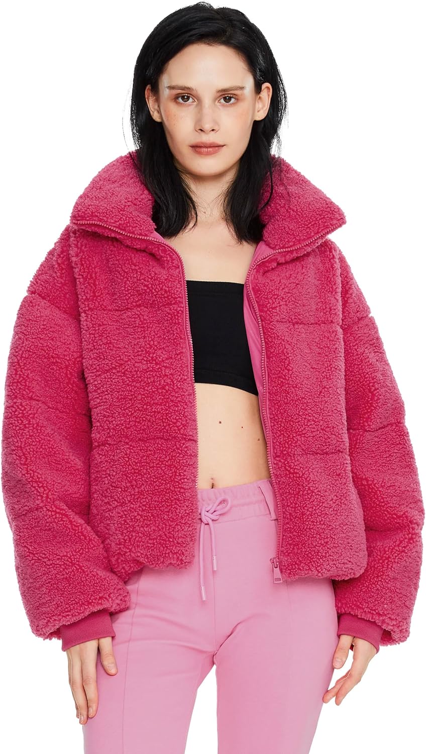 Aurlane Women's Fuzzy Fleece Jacket Fluffy Shaggy Jacket Winter Warm Coat Zip Up Cropped Outerwear