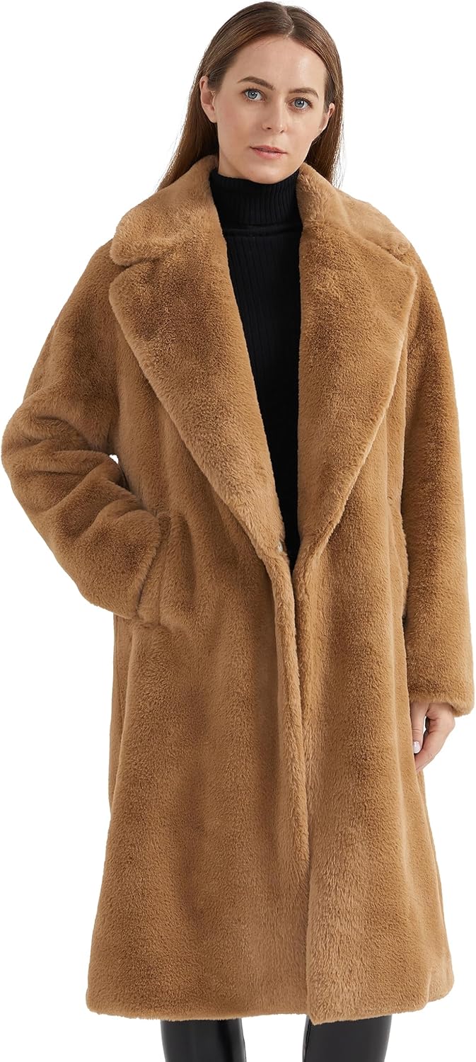 Aurlane Women's Fuzzy Fleece Winter Jacket Faux Fur Lapel Coat Mid-Length Sherpa Teddy Coat