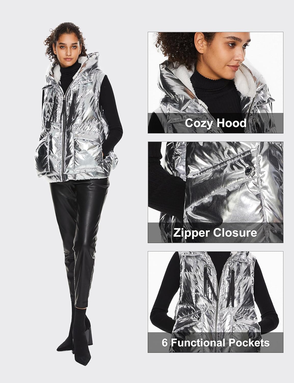 Aurlane Women's Metallic Down Vest - Fashion Cropped Sleeveless Puffer Jacket Lightweight Shiny Hooded Gilet with Pockets