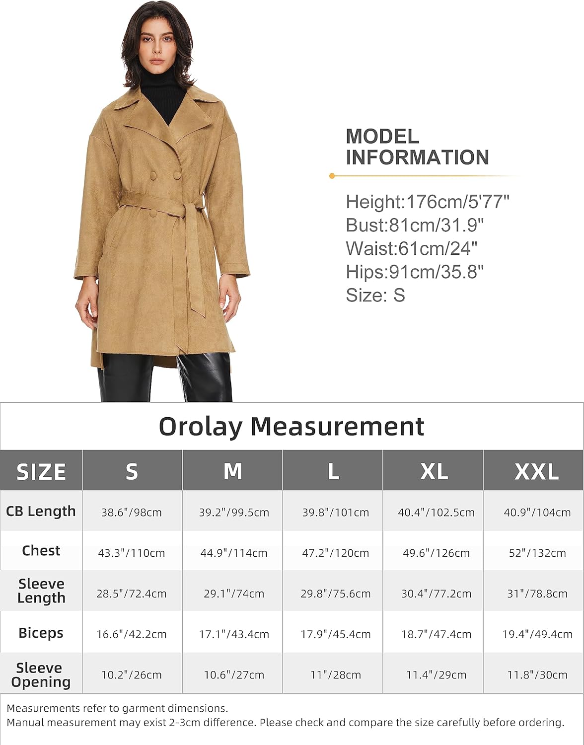 Aurlane Short Trench Coats for Women Faux Suede Leather Trench Coat Double Breasted Belted Mid Long Outwear