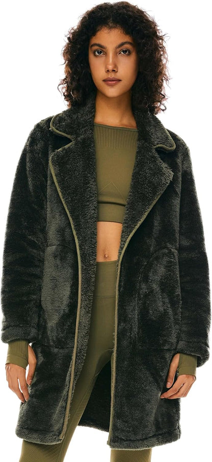 Aurlane Women's Winter Fuzzy Fleece Jacket Long Sleeve Lapel Open Front Cardigan Faux Fur Coat with Pockets