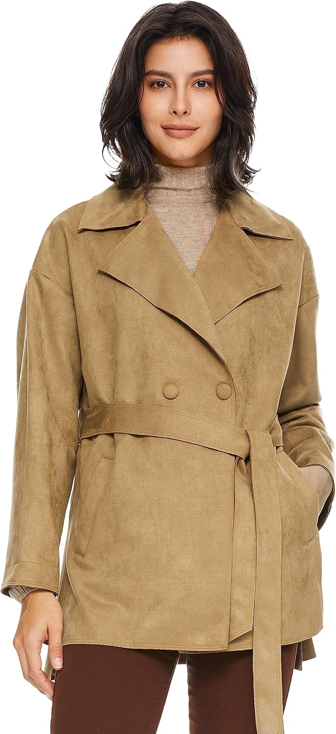 Aurlane Short Trench Coats for Women Faux Suede Leather Trench Coat Double Breasted Belted Mid Long Outwear