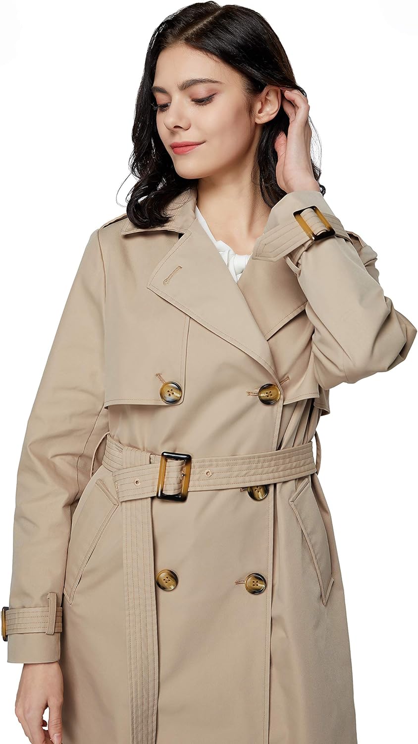 Aurlane Women's 3/4 Length Double Breasted Trench Coat Lapel Jacket with Belt