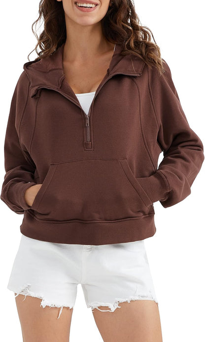 Aurlane Women's Cropped Sweatshirt Half-Zip Hoodie Long Sleeve Pullover Casual Loose Tops with Front Pocket