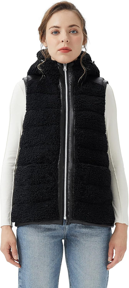 Aurlane Women's Casual Fleece Down Vest Warm Outwear Shearling Shaggy Short Vest with Hood