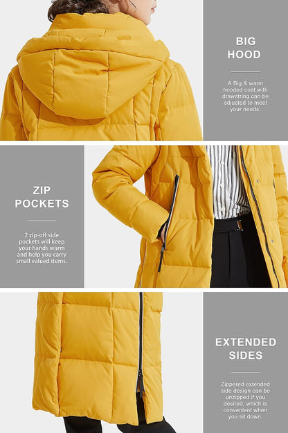 Aurlane Women's Thickened Long Down Jacket Winter Down Coat Hooded Puffer Jacket with Side Zipper